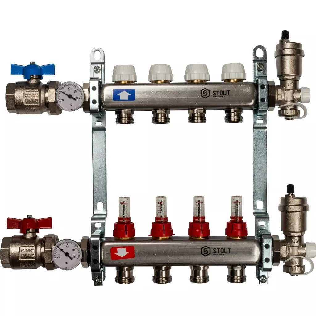 STOUT  Коллектор из нержавеющей стали в сборе с расходомерами 4 вых. STOUT SMS 0907 000004 по лучшей цене с доставкой - интернет-магазин Прогрессивные решения